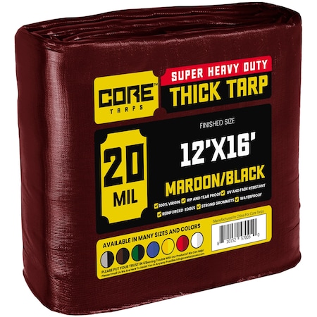 Core Tarps Heavy Duty Tarp, 12 ft x 16 ft, 20 Mil, Maroon, Polyethylene CT-707-12X16